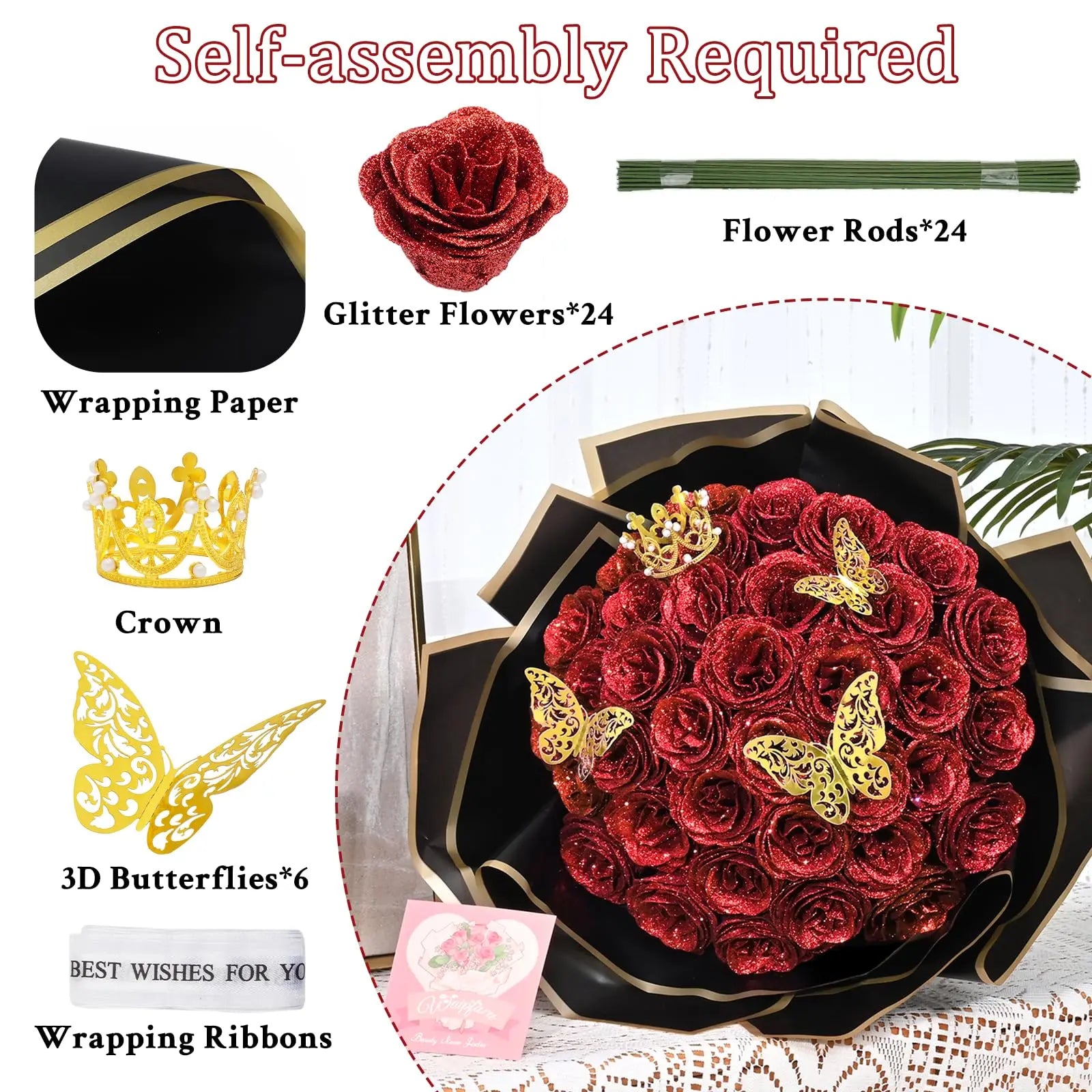 Glitter Shiny Roses Artificial Flowers Bouquet 24Pcs DIY Fake Flower Gifts Idea for Birthday Valentine's Day Anniversary Wedding