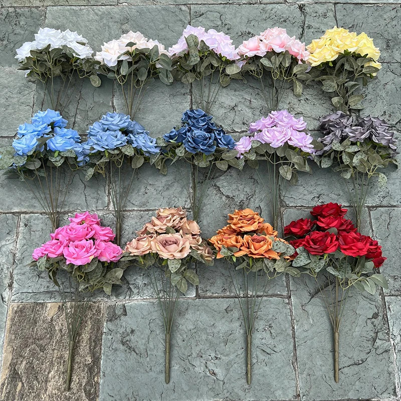 9 Heads/1 Bunch Diamond Rose Artificial Floral Bride Bouquet diy Wedding Flower Wall Accessories Party Gift Home Decor Props