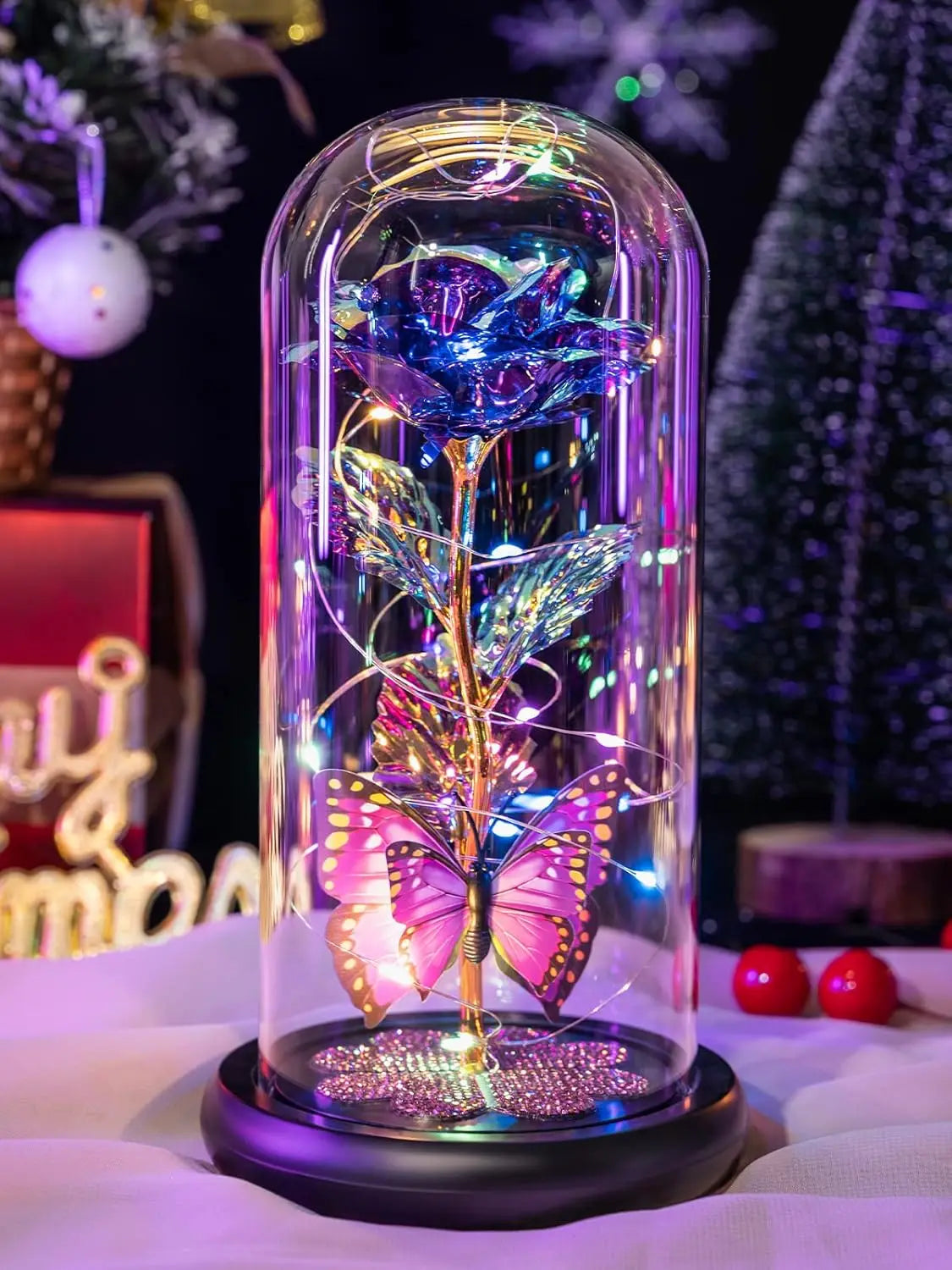 Mothers Day Rose Gifts for Mom, Galaxy Glass Rose Forever Eternal Crystal Flower Light Up Rose in Glass Dome with Butterfly Moth