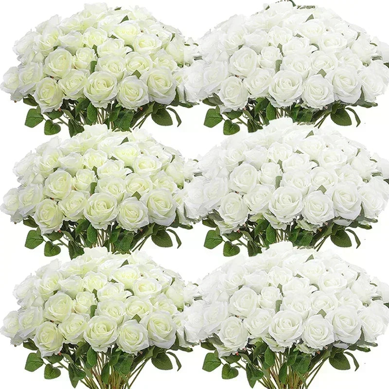 100 Pieces Artificial Roses Flowers Fake Silk Roses Bouquet for Table Centerpiece Vases Wedding Party Decor