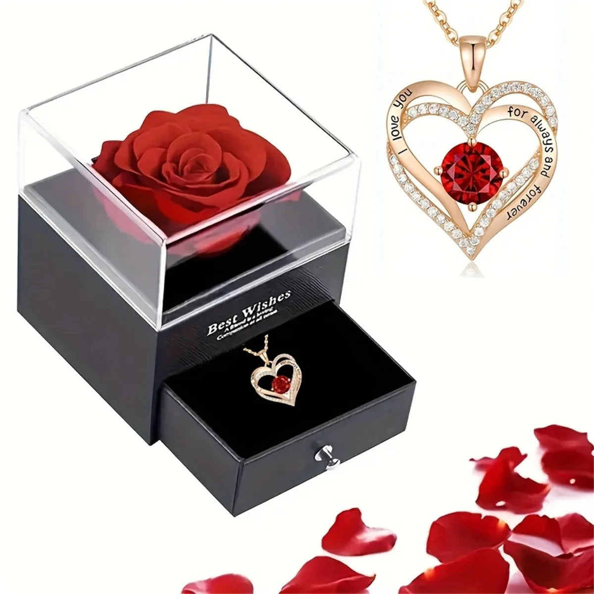 Luxury Red Zircon Pendant Necklaces with Rose Flower Gift Box For Girlfriend Women I Love You Gifts Trendy Wedding Jewelry