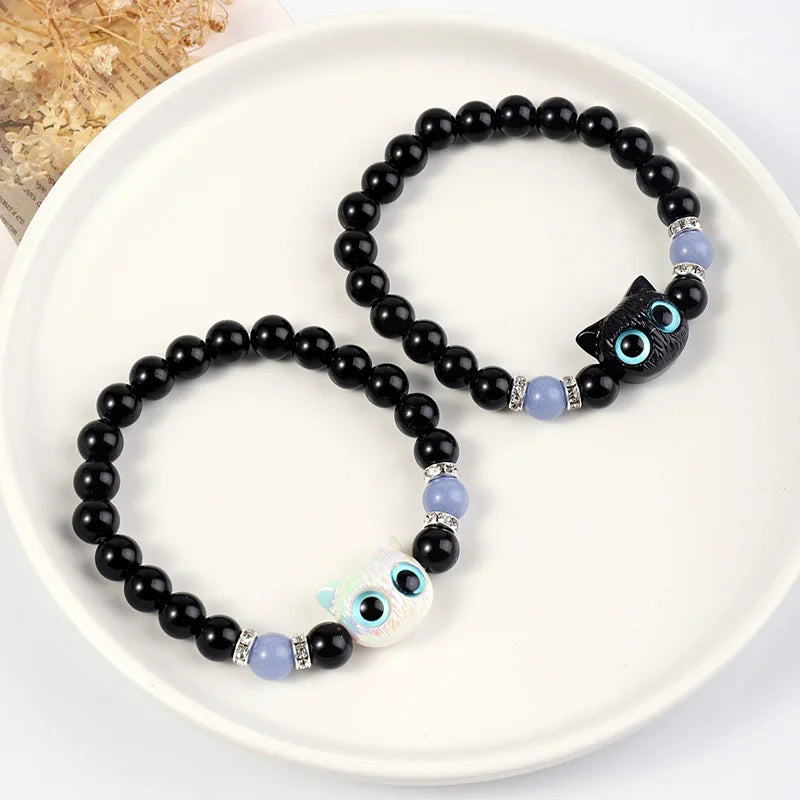 Cute Acrylic Black White Cat Couple Bracelet Necklace Glow In The Dark Bead Bracelets For Women Men Girls Boys